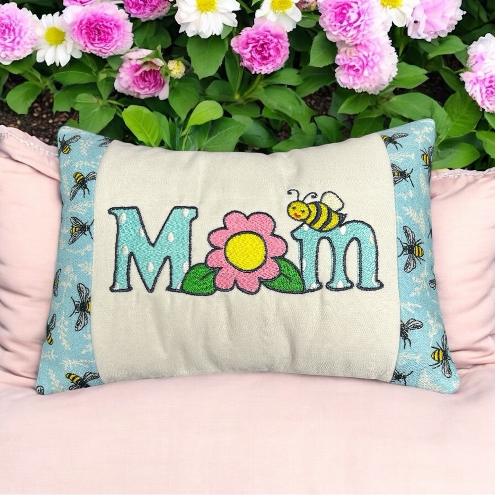 Hand Crafted Embroidered Mom Accent Pillow Blue and White with Bees and Flowers - Picture 3 of 12